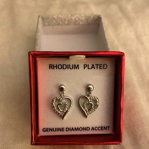 Brand New Rhodium Plated with Genuine Diamond Accent Heart Earrings